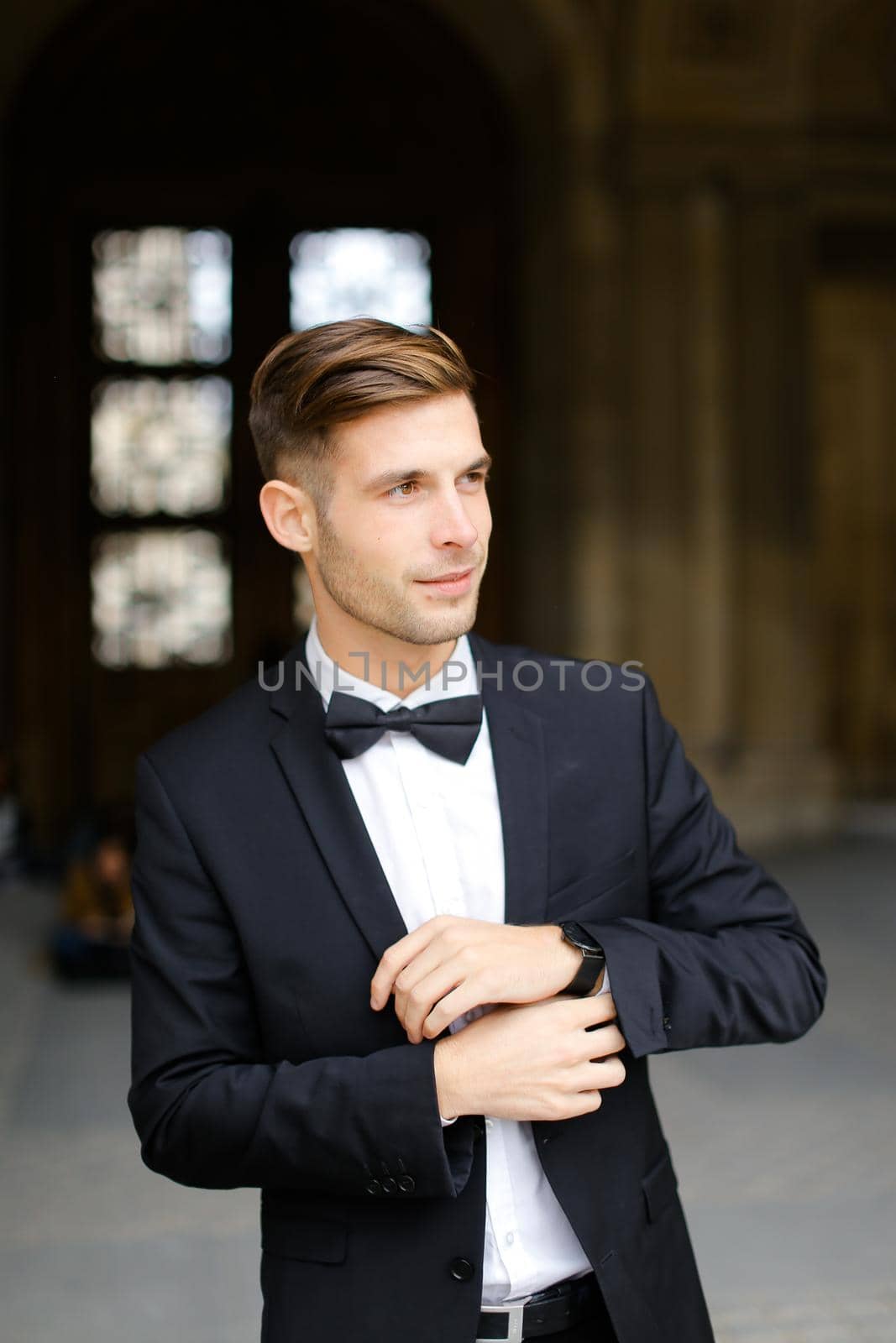 Young man standing and posing, wearing black suit and bow tie. by sisterspro