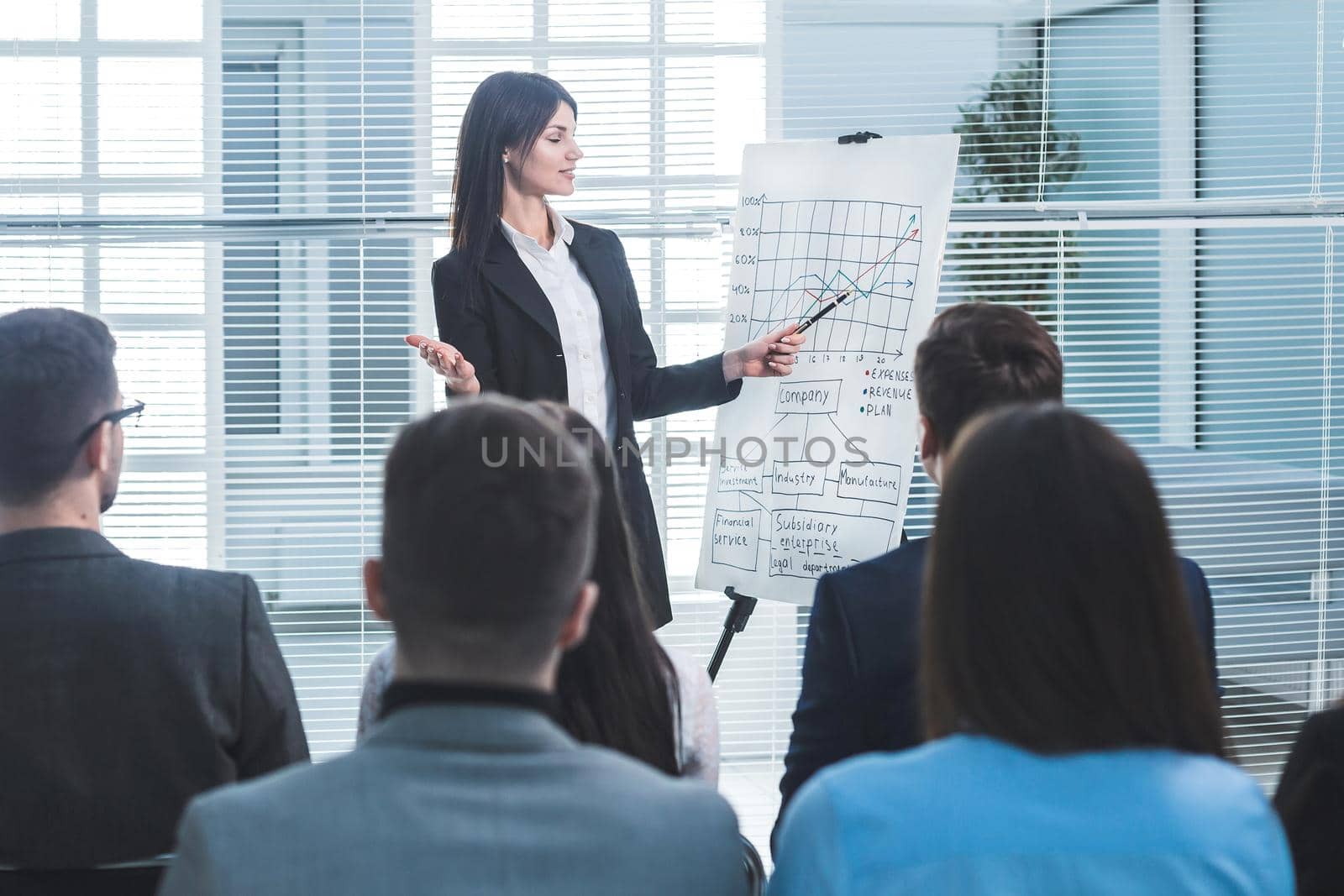 rear view. businesswoman making a presentation for the employees of the company