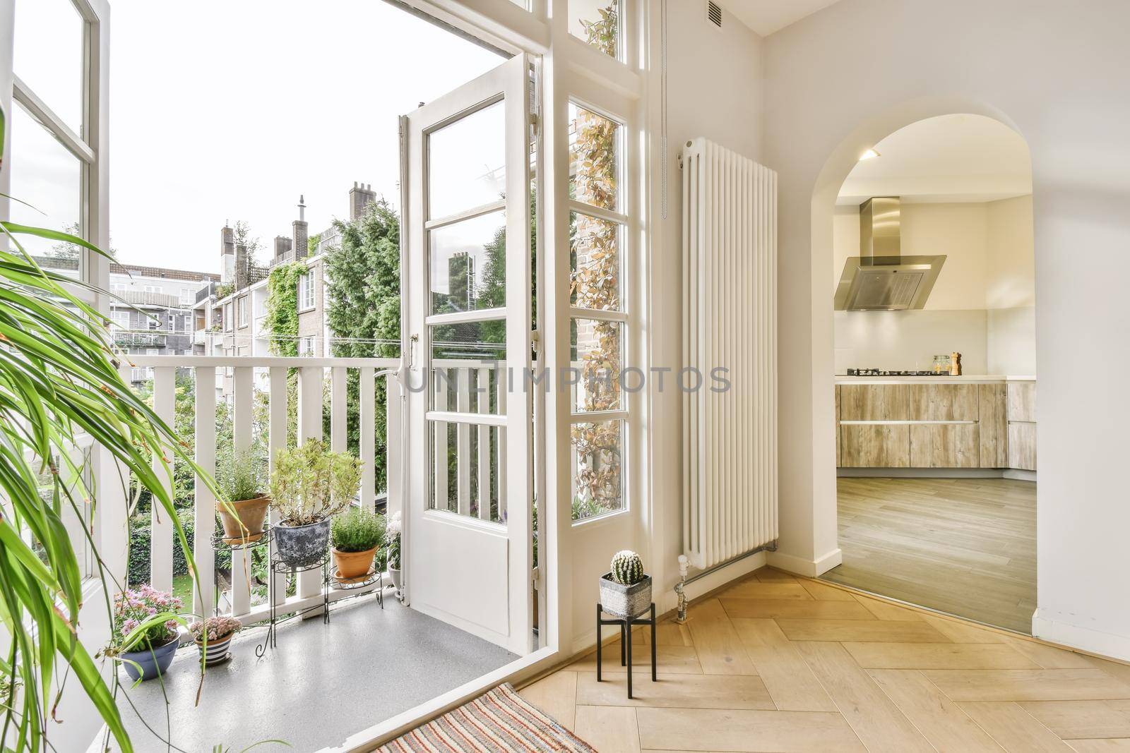 Open door leading to a balcony with many flowers