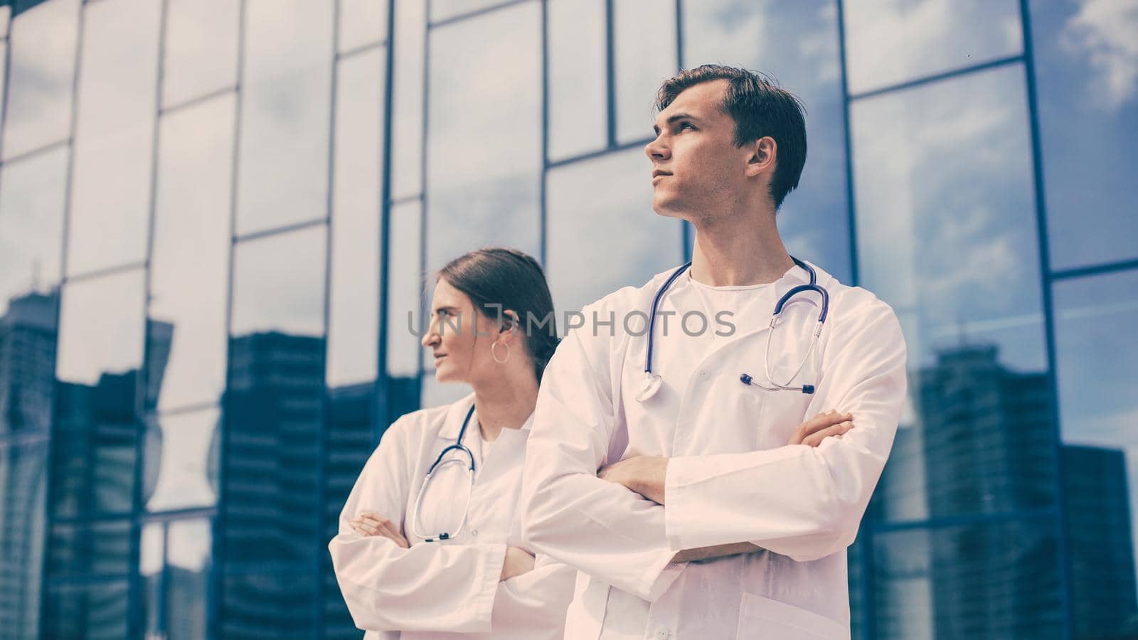 close up. ambulance doctors standing on a city street. photo with a copy-space.