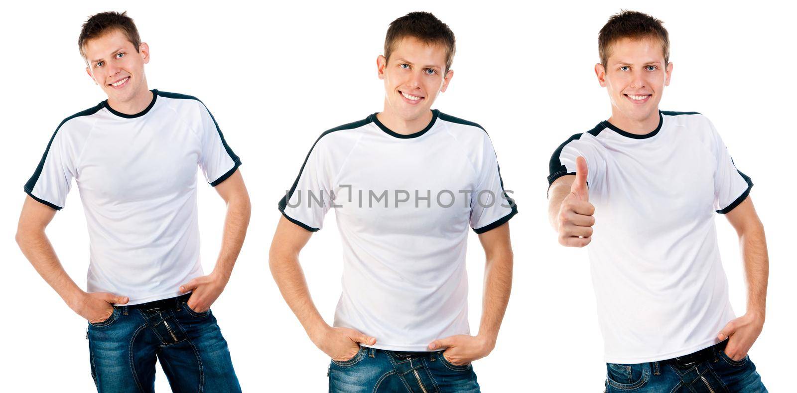 Man in white T shirt on isolated on a white background for your design