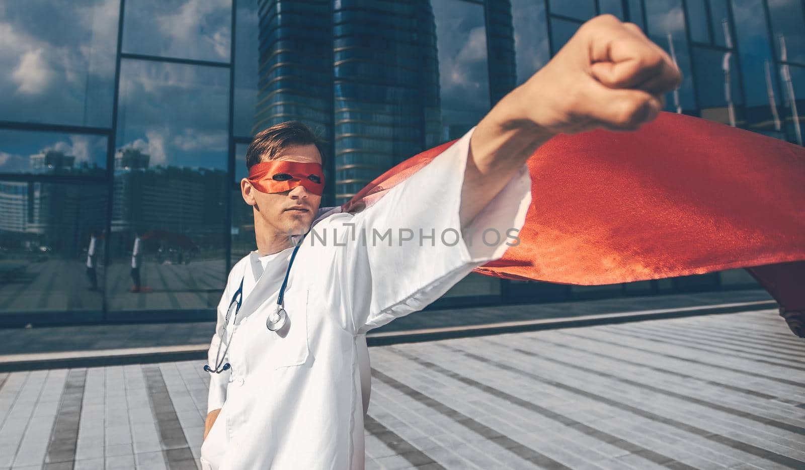 close up. doctor superhero rushes to the rescue. photo with a copy-space.