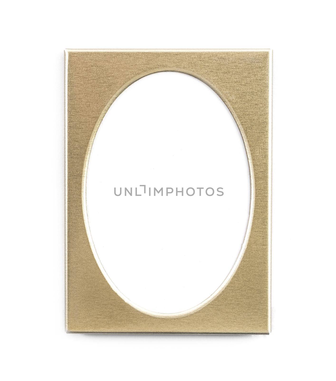 Empty oval golden photo frame isolated on white background
