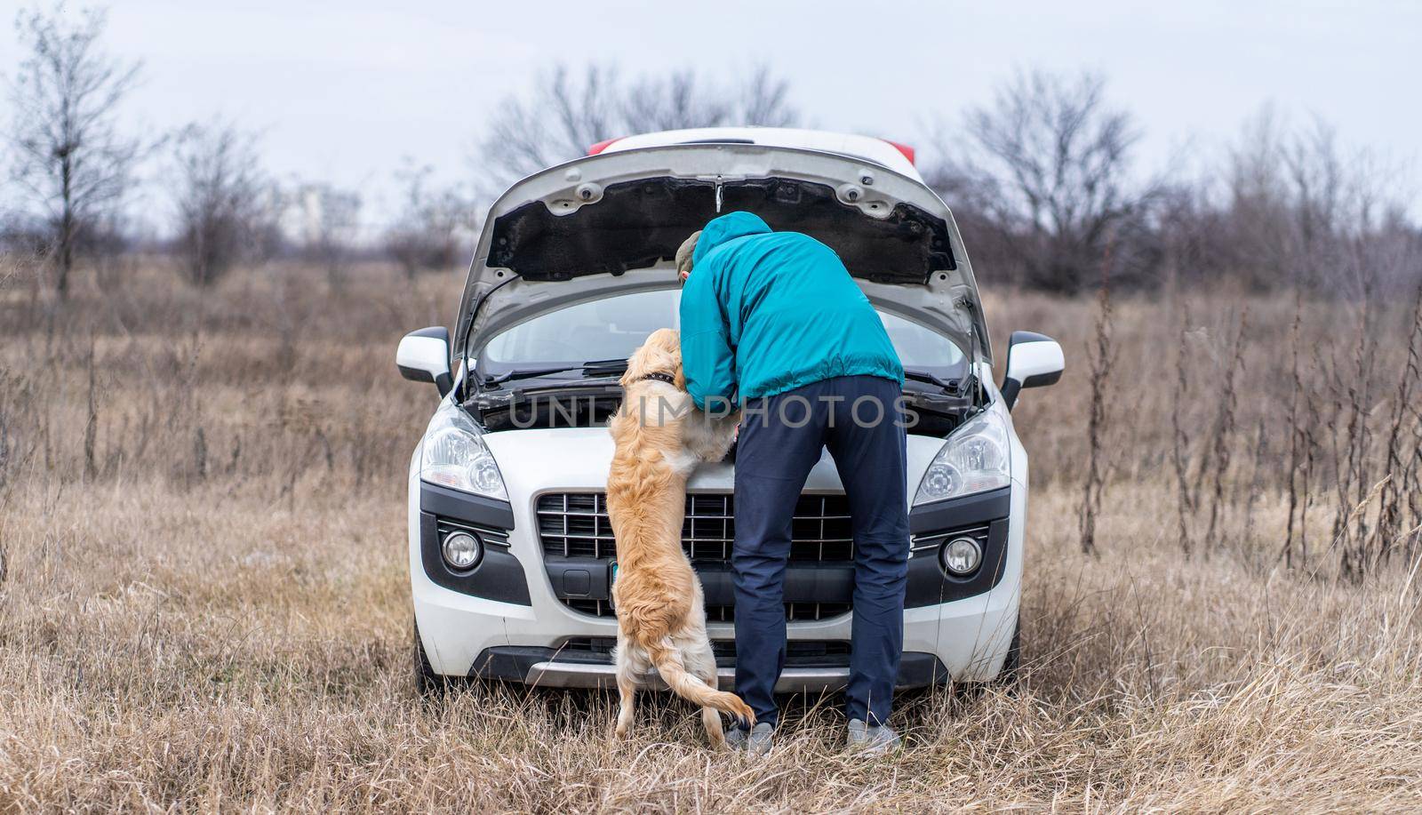 Rear view of man with cute dog repairing car on field