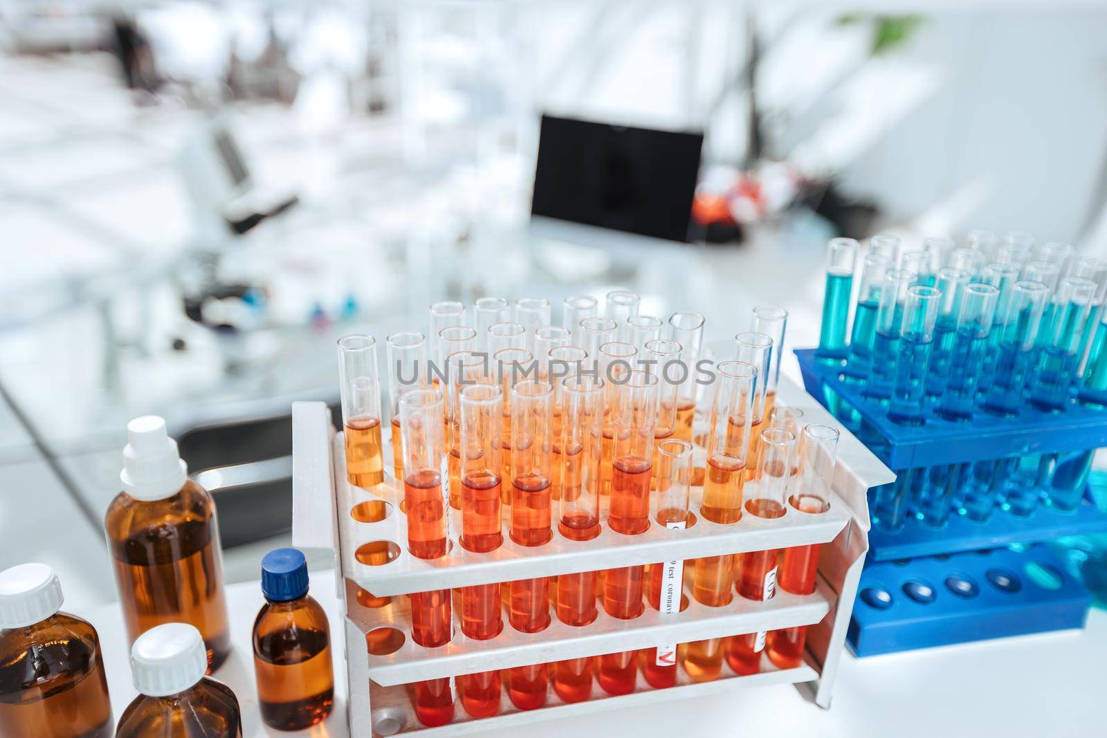 close up. container with test tubes on the table in the laboratory. photo with a copy of the space.