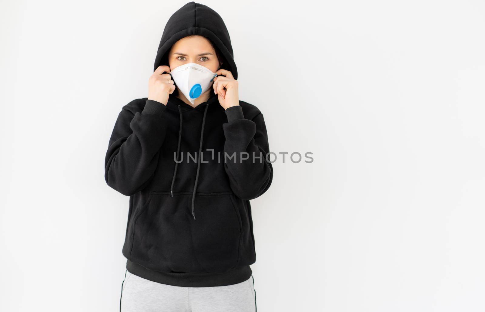 Girl in face mask with filter isolated on white background