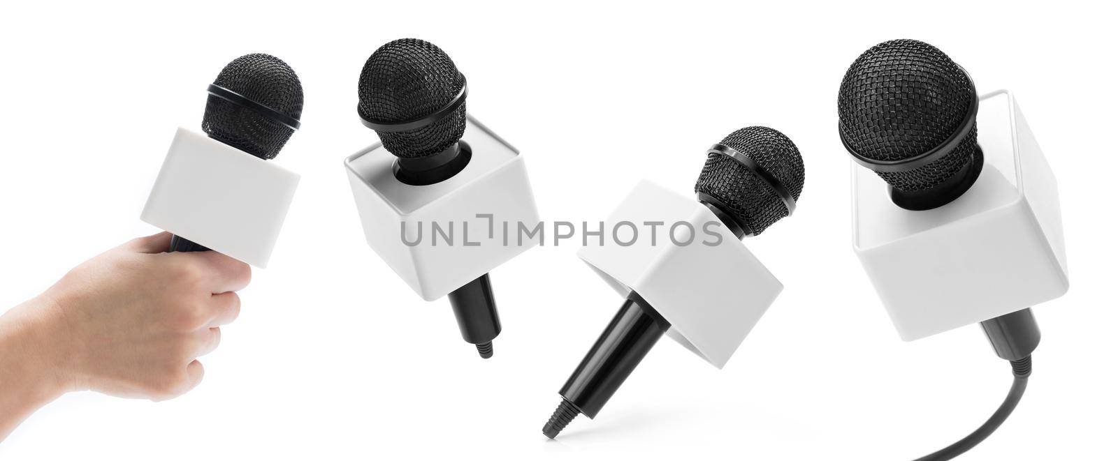 Set of handheld microphones isolated on white background