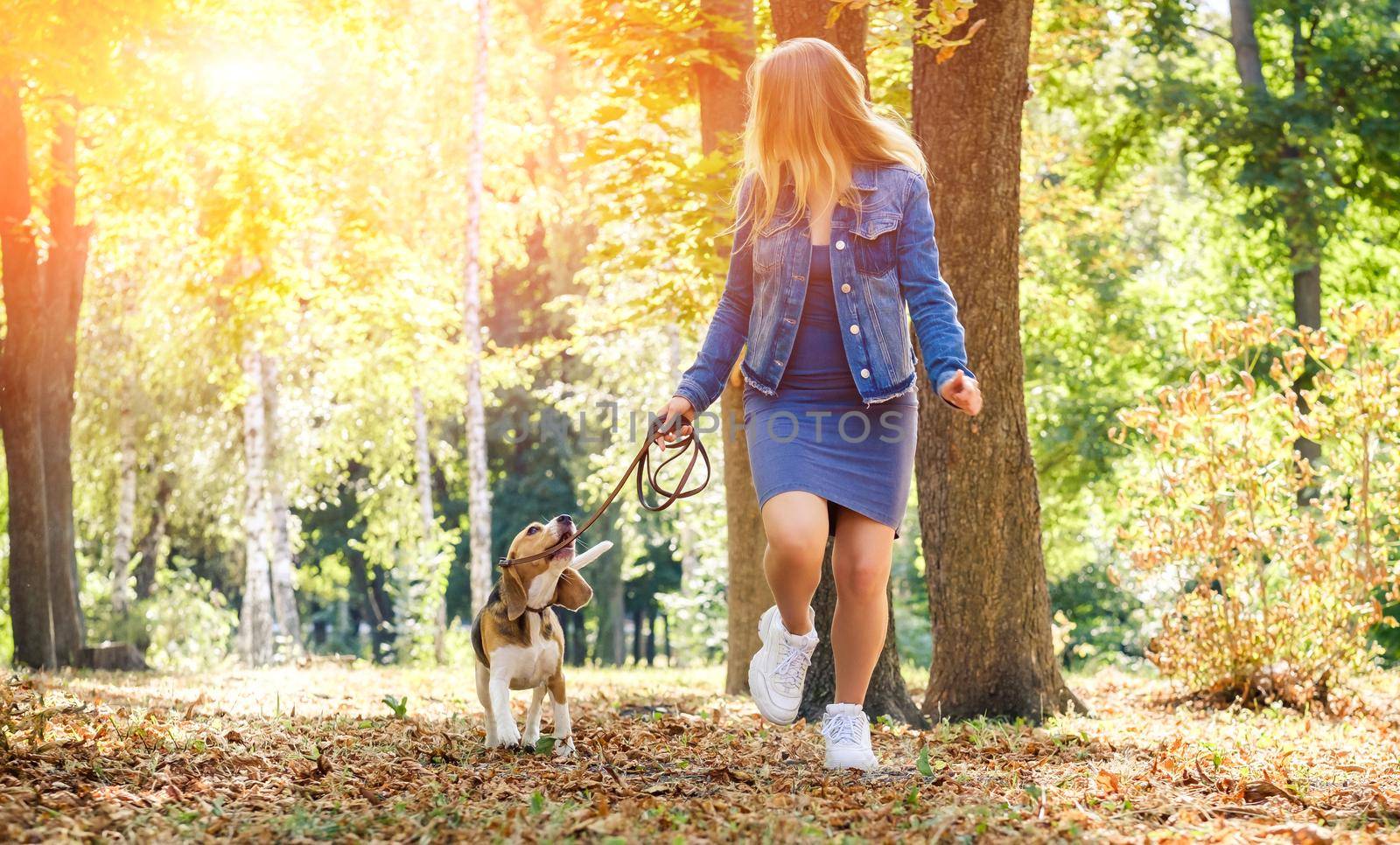 Young girl running with beagle dog by GekaSkr