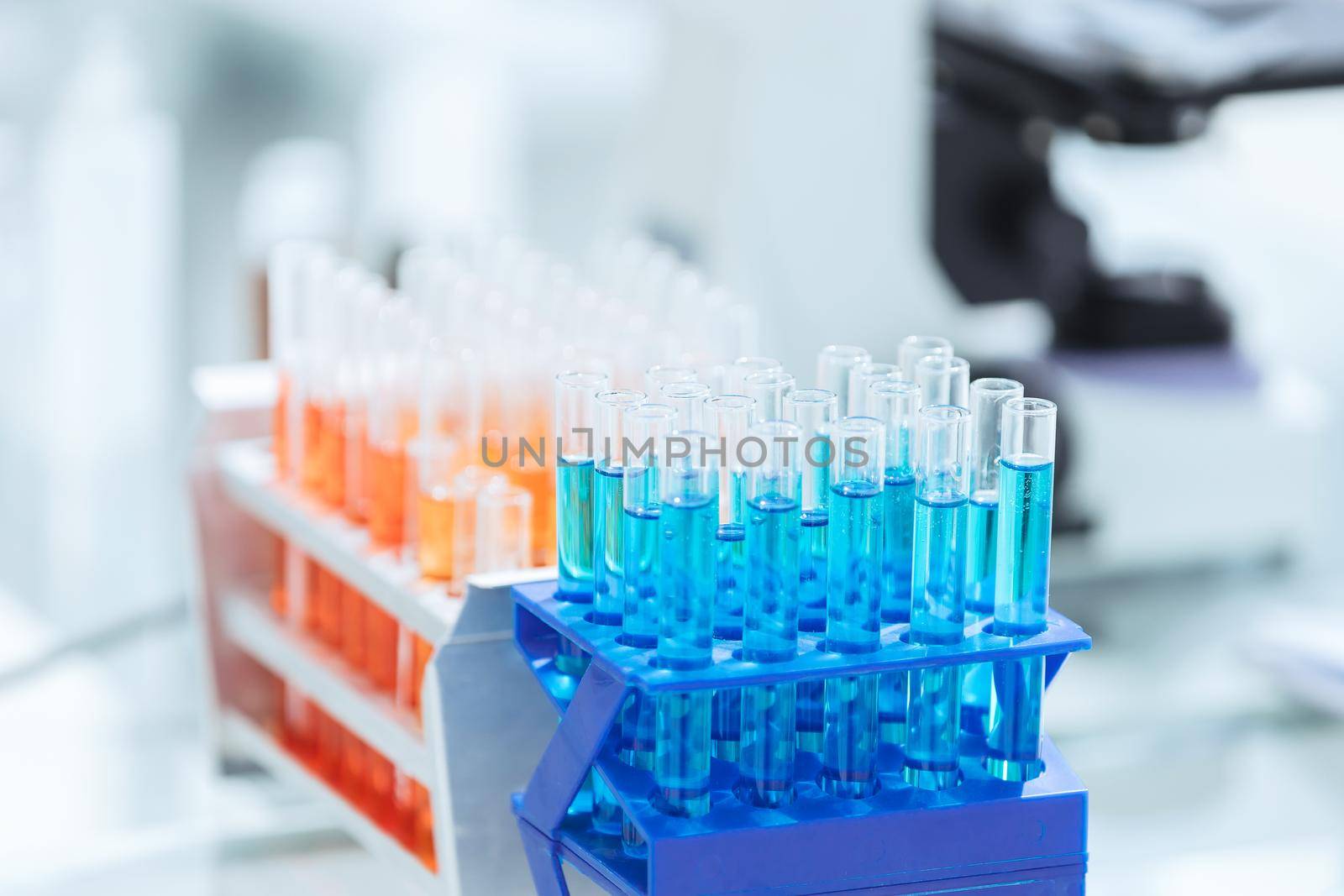 close up.tubes with tests on the table in the laboratory. science and health.