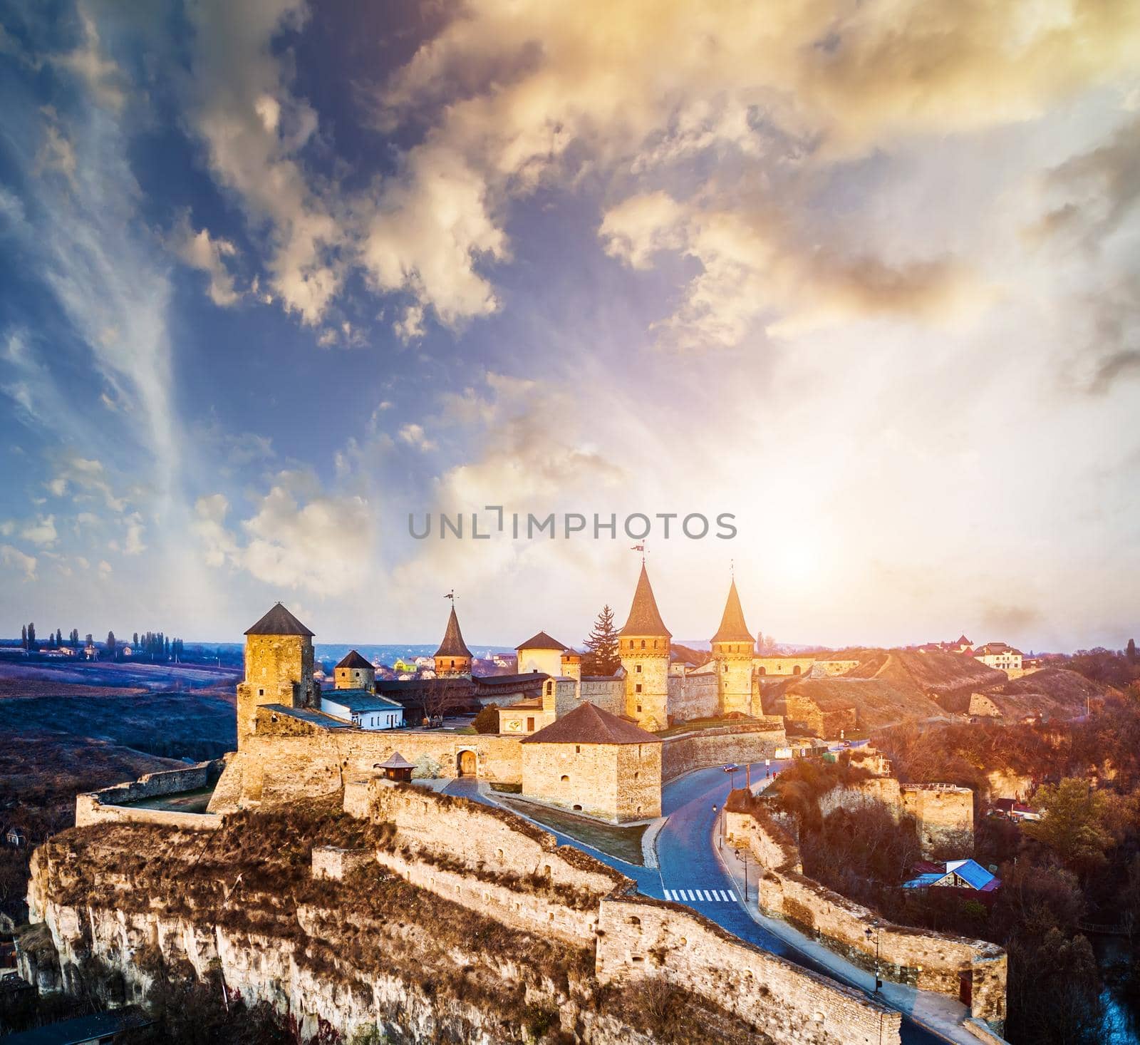 Aerial view of Kamianets Podilskyi fort in sunlight