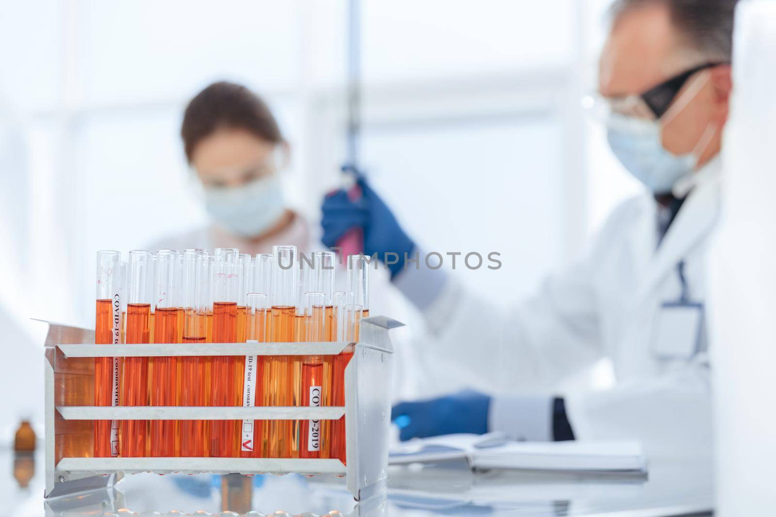 close up. stand with test tubes on the table in the laboratory. photo with a copy of the space.