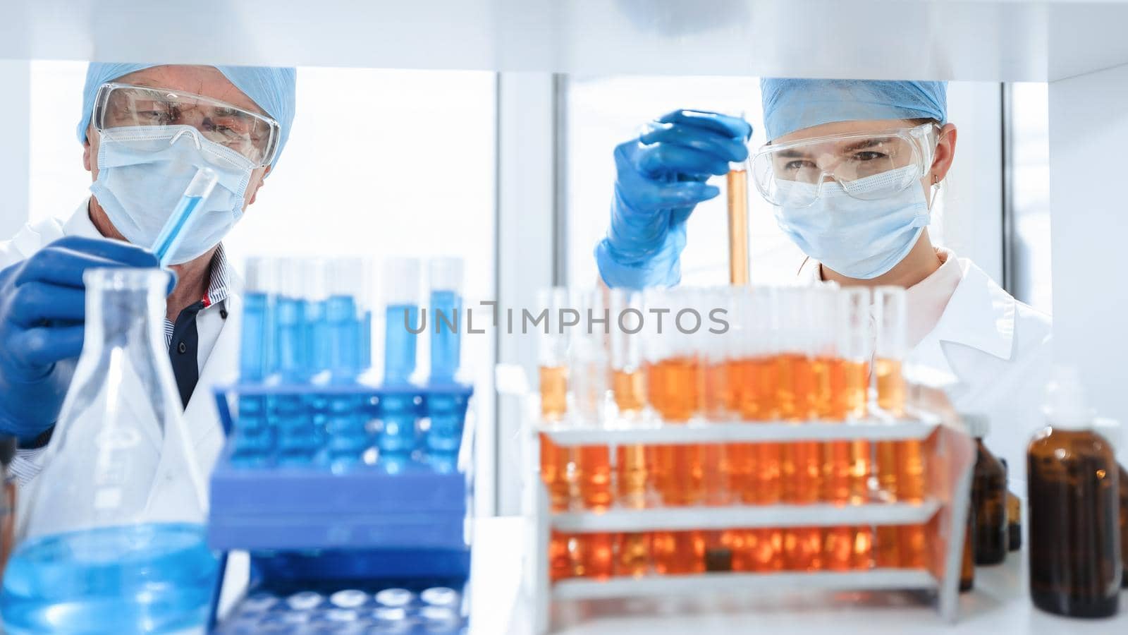 close up. test tubes on the table in the biochemical laboratory . science and health.