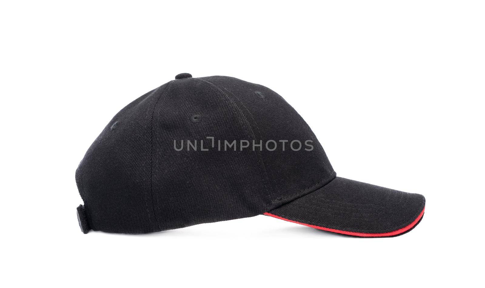 Dark baseball cap with red visor isolated on white background