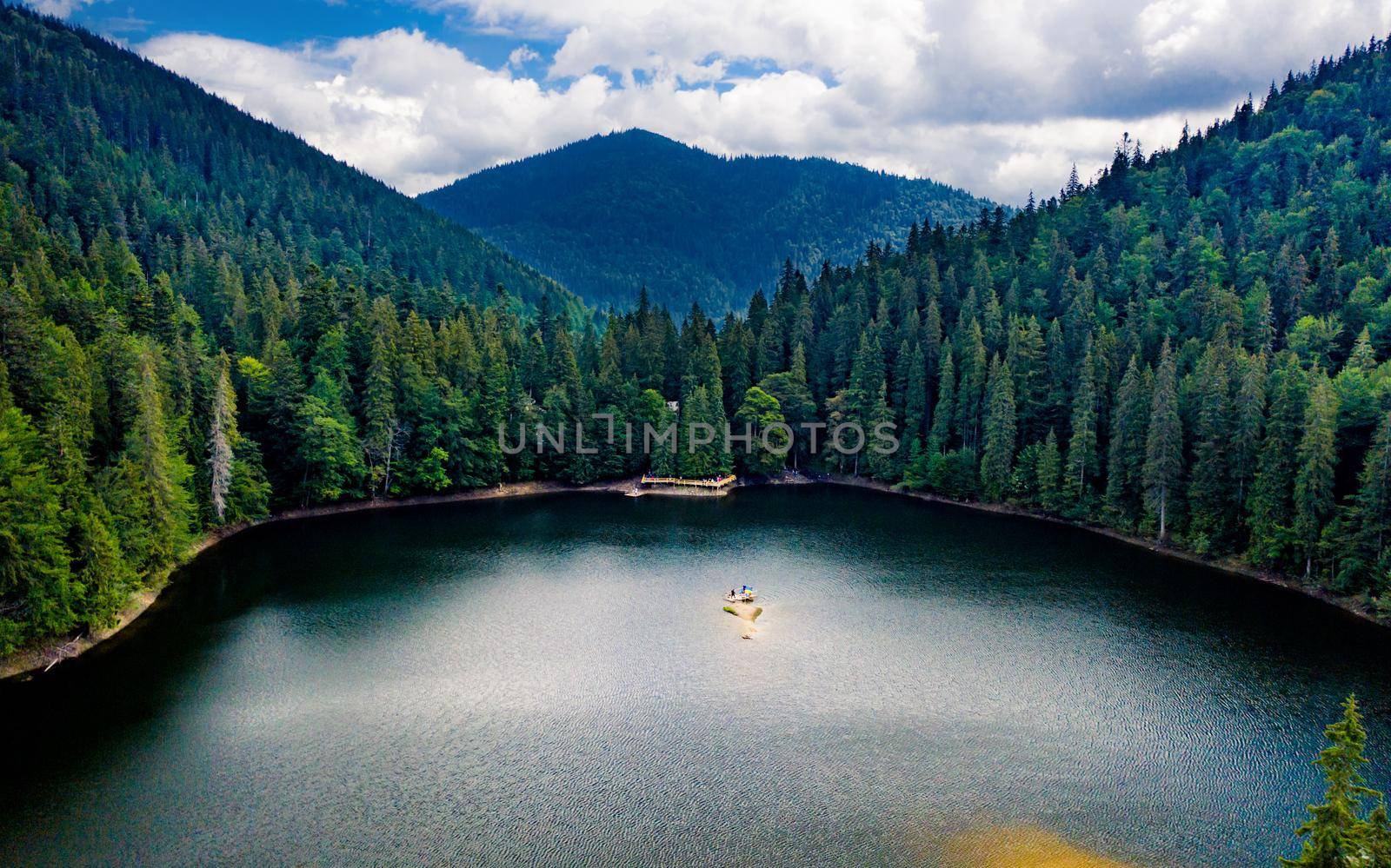 Aerial view of carpathian Synevir lake in Ukraine