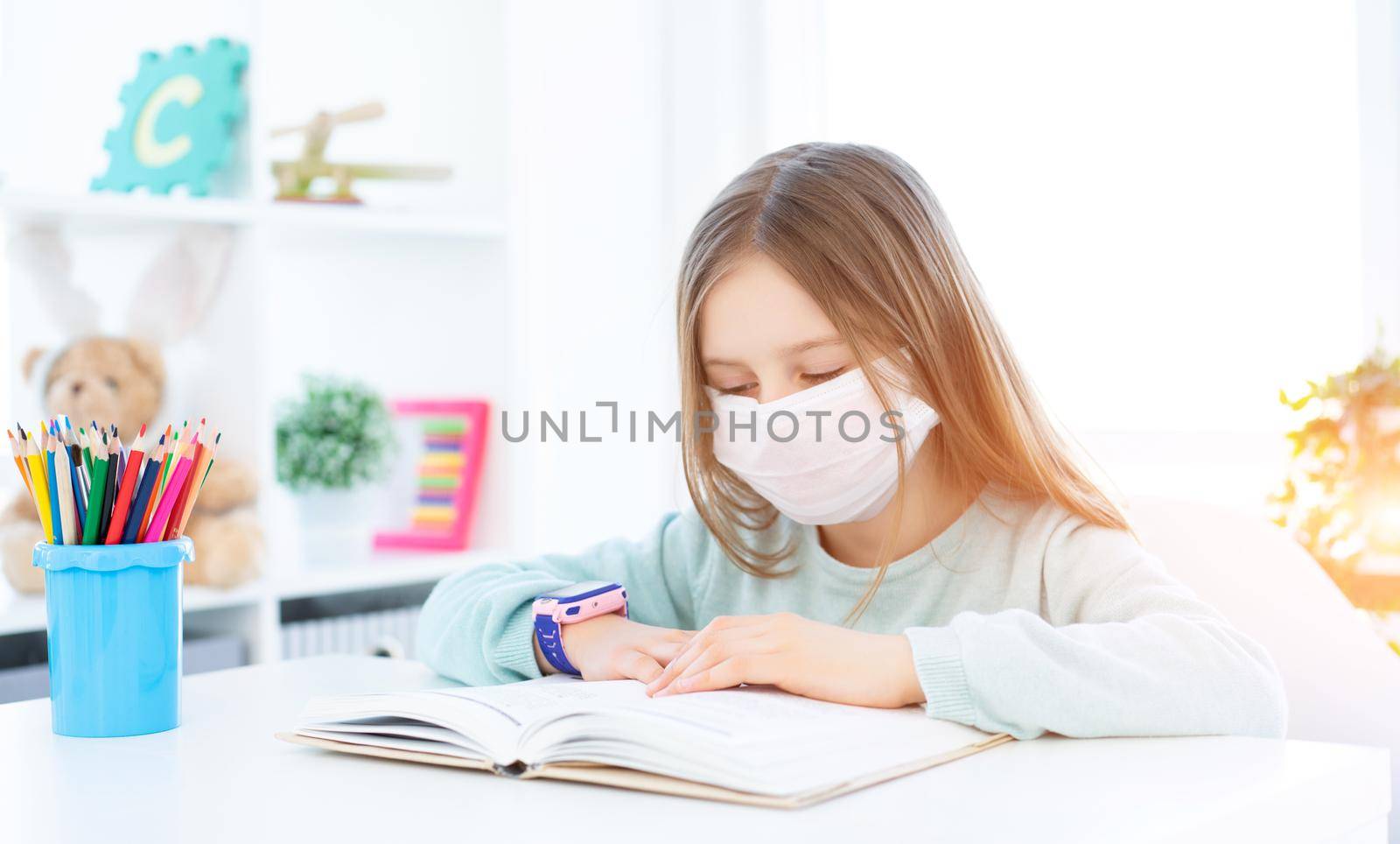 Schoolgirl in mask studying at home by GekaSkr