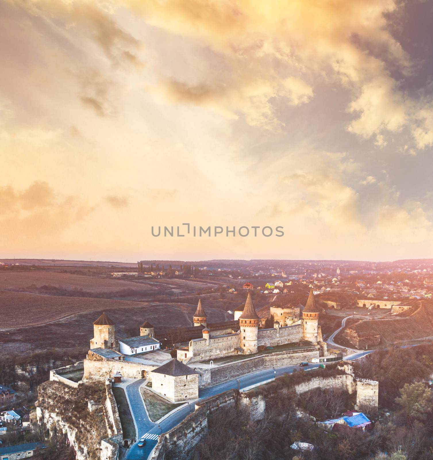 Panoramic view of wonderful medieval castle in Ukraine at sunset