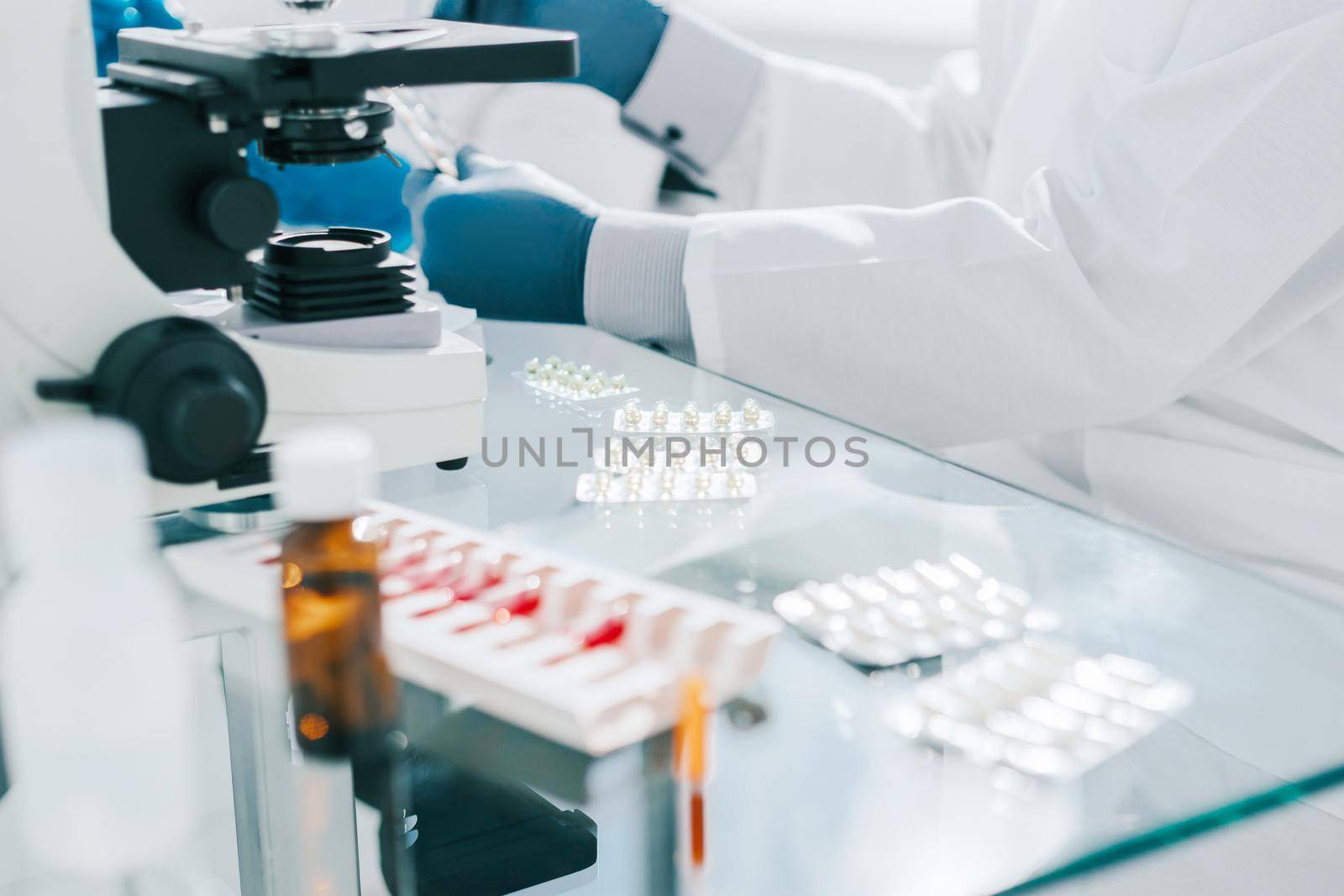 close up. control samples of the drug on the table in the laboratory .