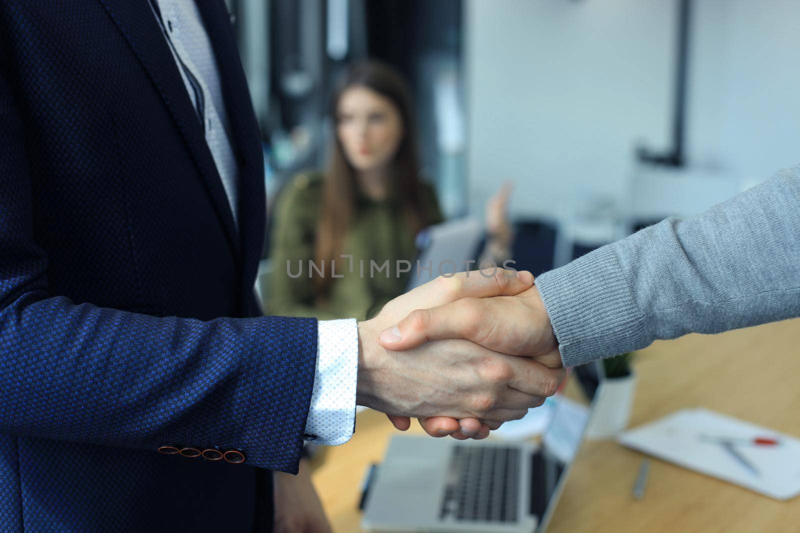 Closeup of a business hand shake between two colleagues