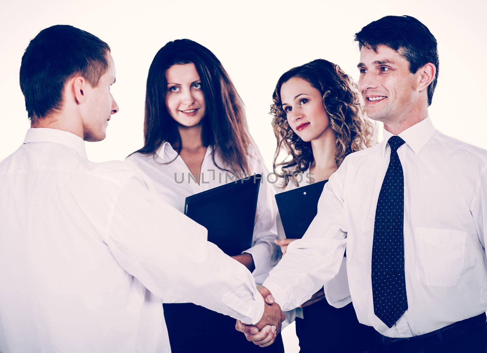 Meeting business partners handshake. Group of successful businessmen on white background