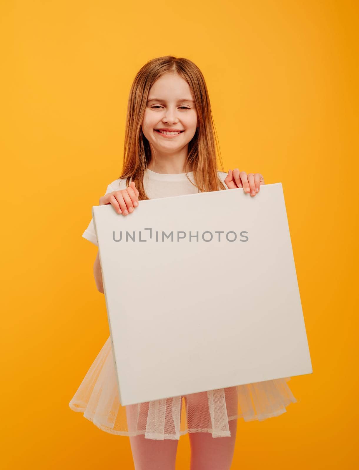 Girl with canvas isolated on yellow background by GekaSkr