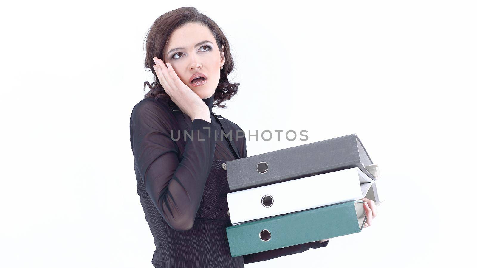 portrait of young business woman with documents.isolated on white.