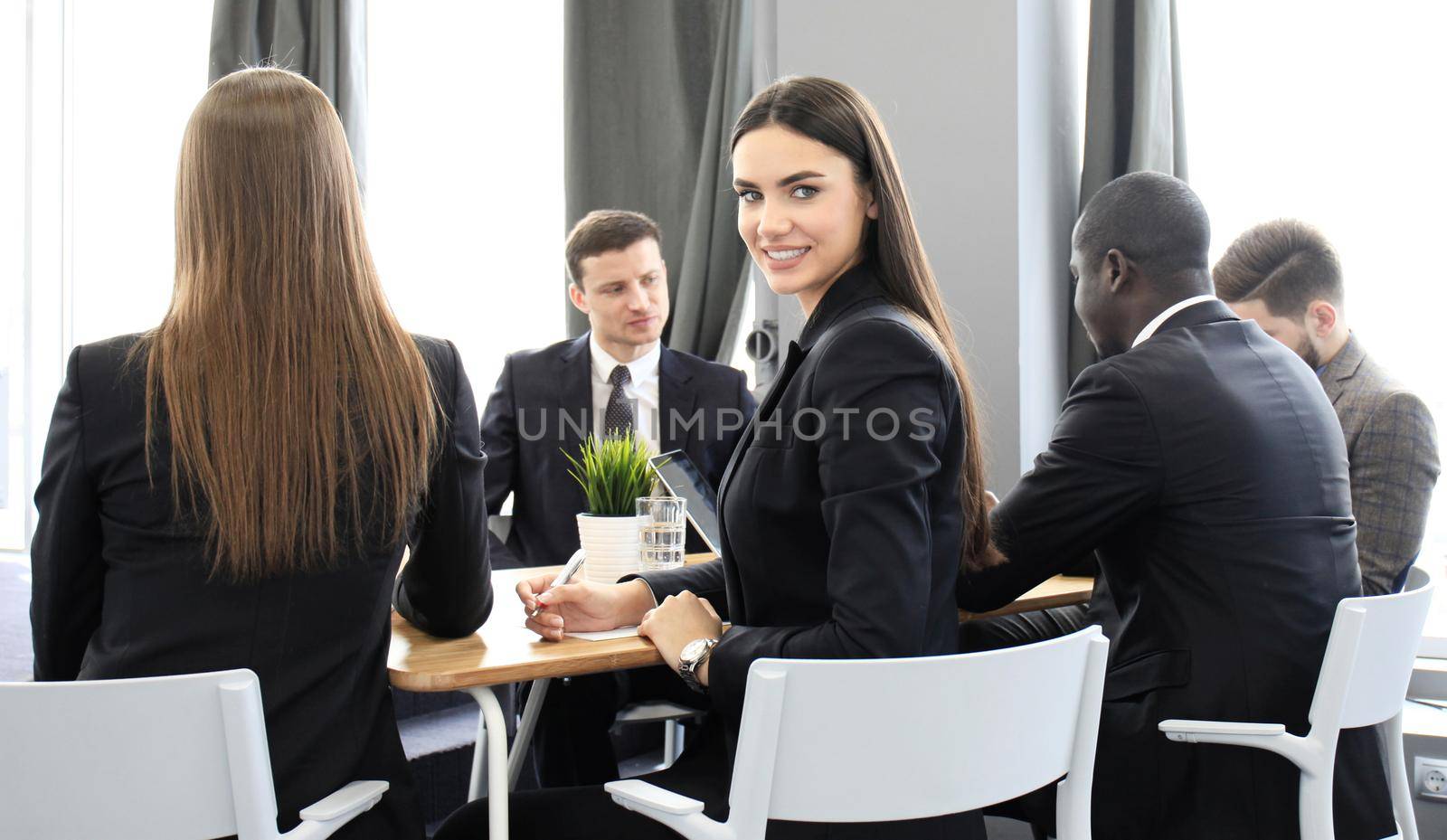 Happy smile woman face, people group in a row, young businesswoman looking at camera. Business people waiting for job interview