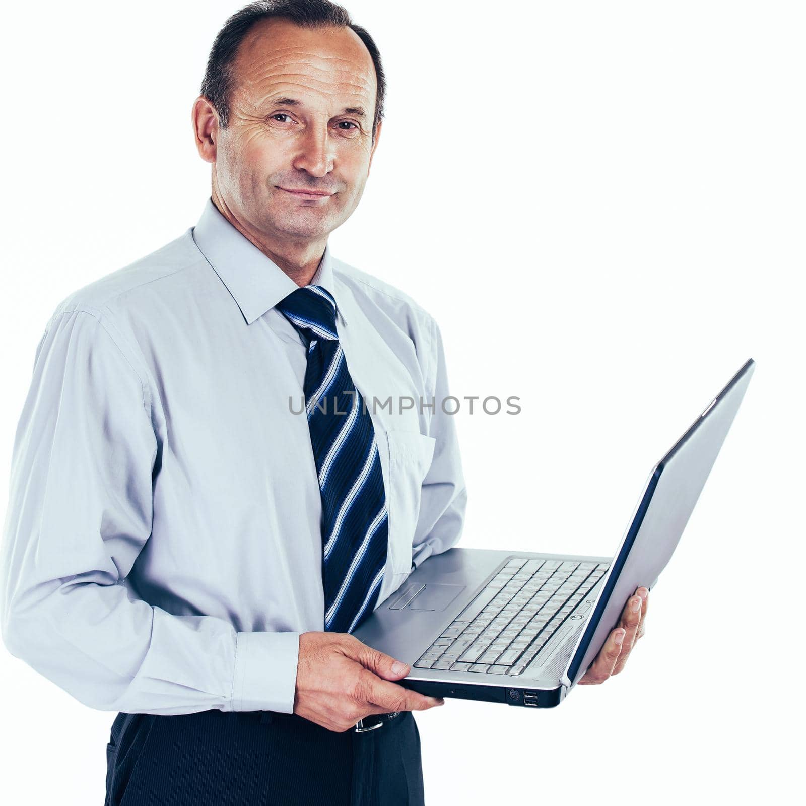 closeup of businessman in shirt and tie holding a notebook. photo on a white background and has an empty space for your text