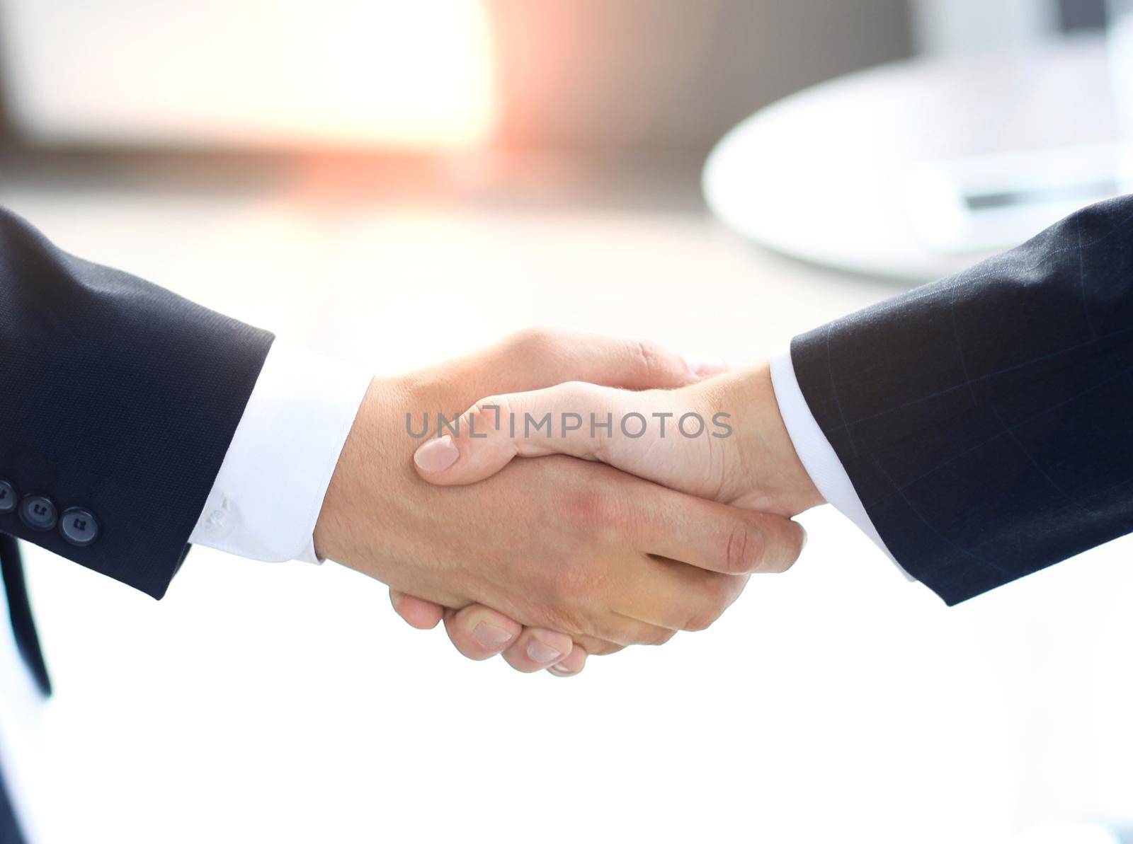 Closeup of a business hand shake between two colleagues by tsyhun