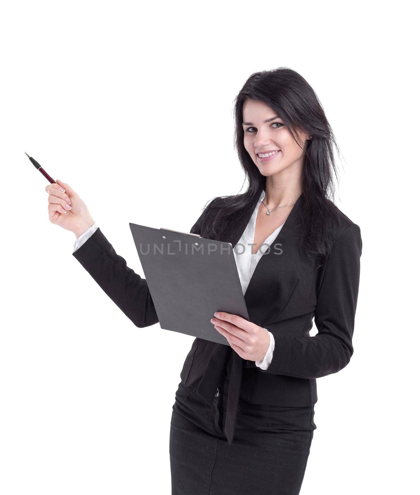 business woman with clipboard pointing to copy space.isolated on white background