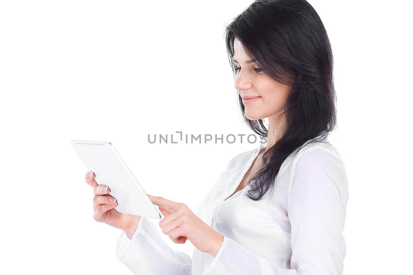 smiling business woman sitting on office chair. isolated on white background