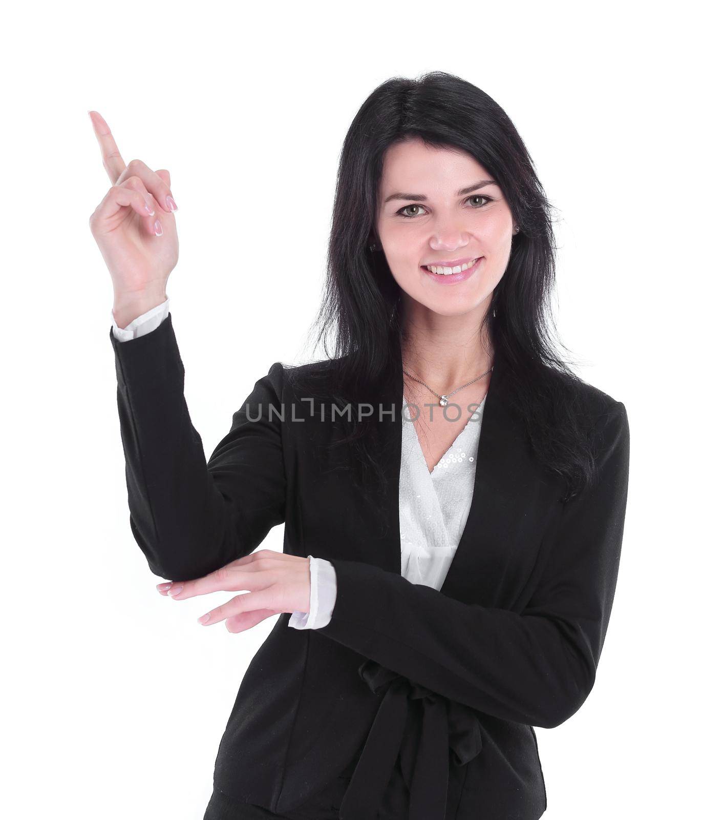 business woman showing to the side at copy space by SmartPhotoLab