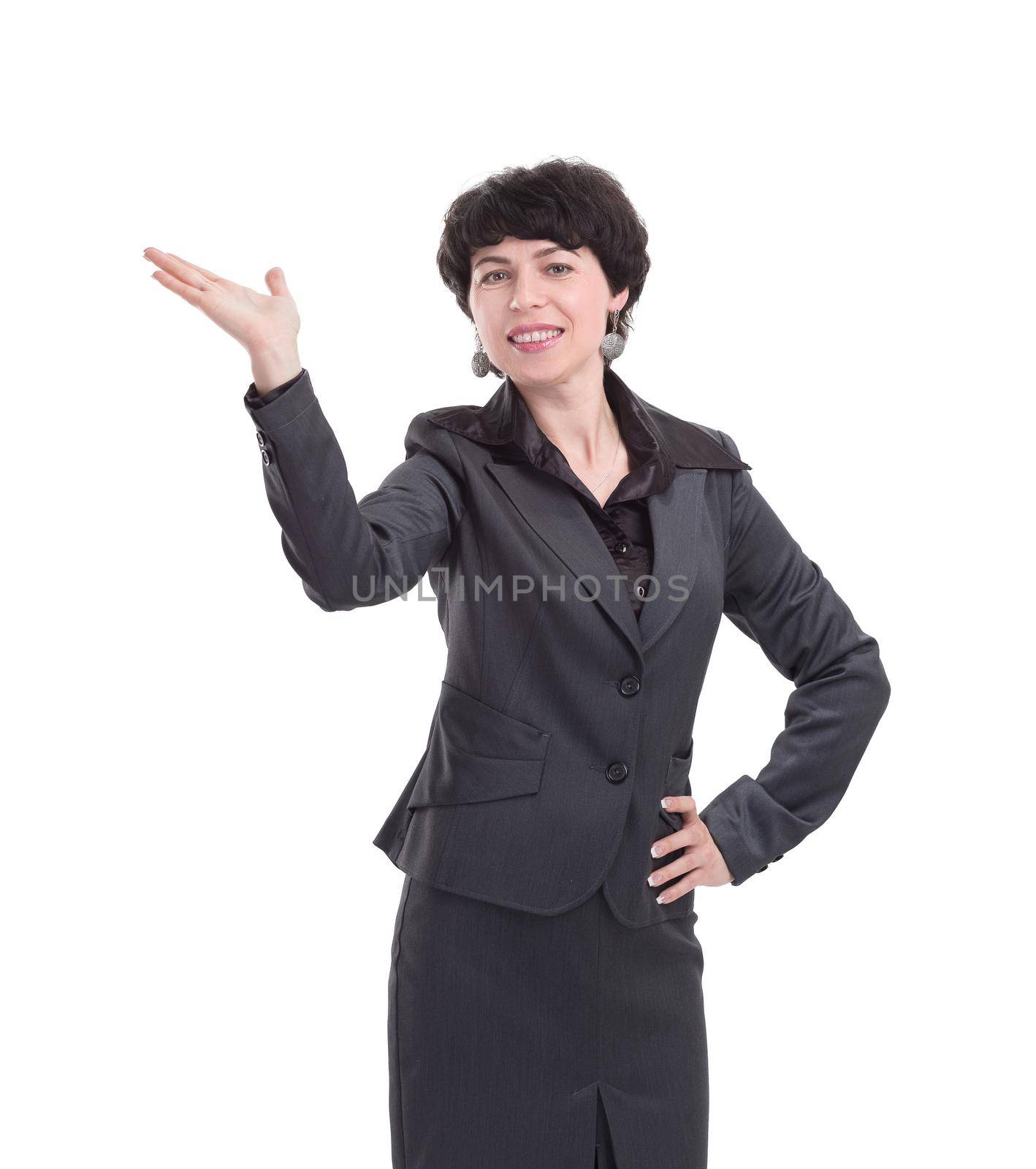businesswoman is holding something virtual in her palm by SmartPhotoLab