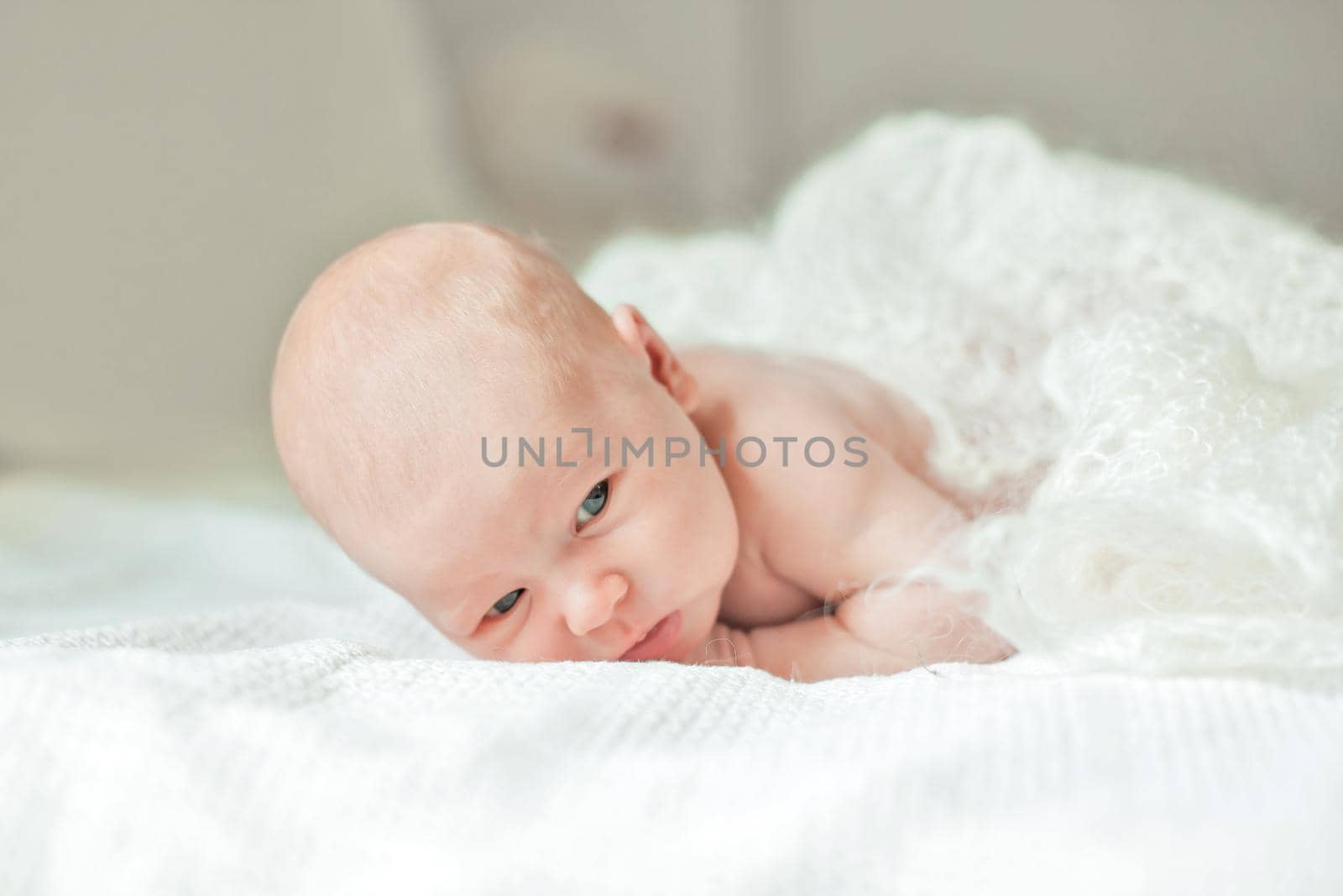 pretty newborn girl lying on her tummy on a blanket. photo with copy space