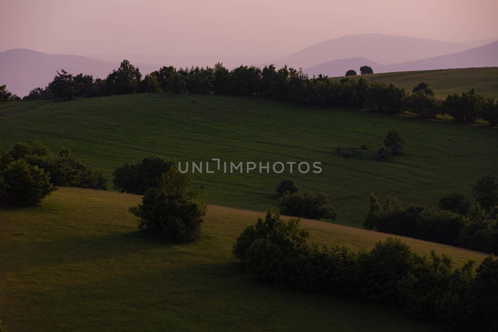 landscape of  summer nature in sunset in mountains and hills on countryside abstract lines and curves background