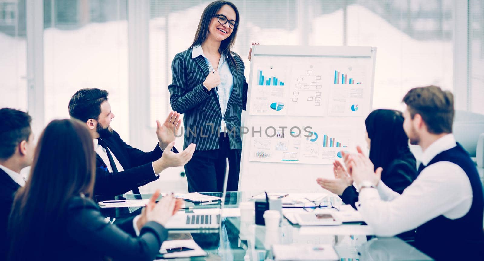 business team gives a presentation of a new financial project for the business partners of the company . the photo has a empty space for your text.