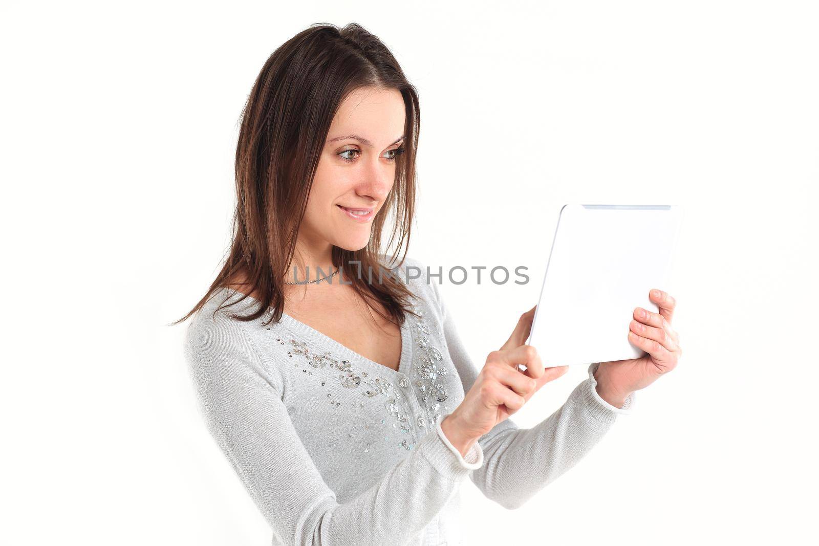 close up.creative woman with digital tablet on white background.photo with copy space.
