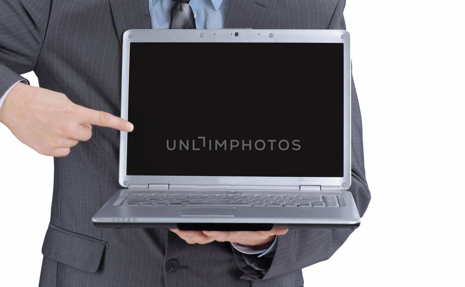 Manager showing open laptop .isolated on white background