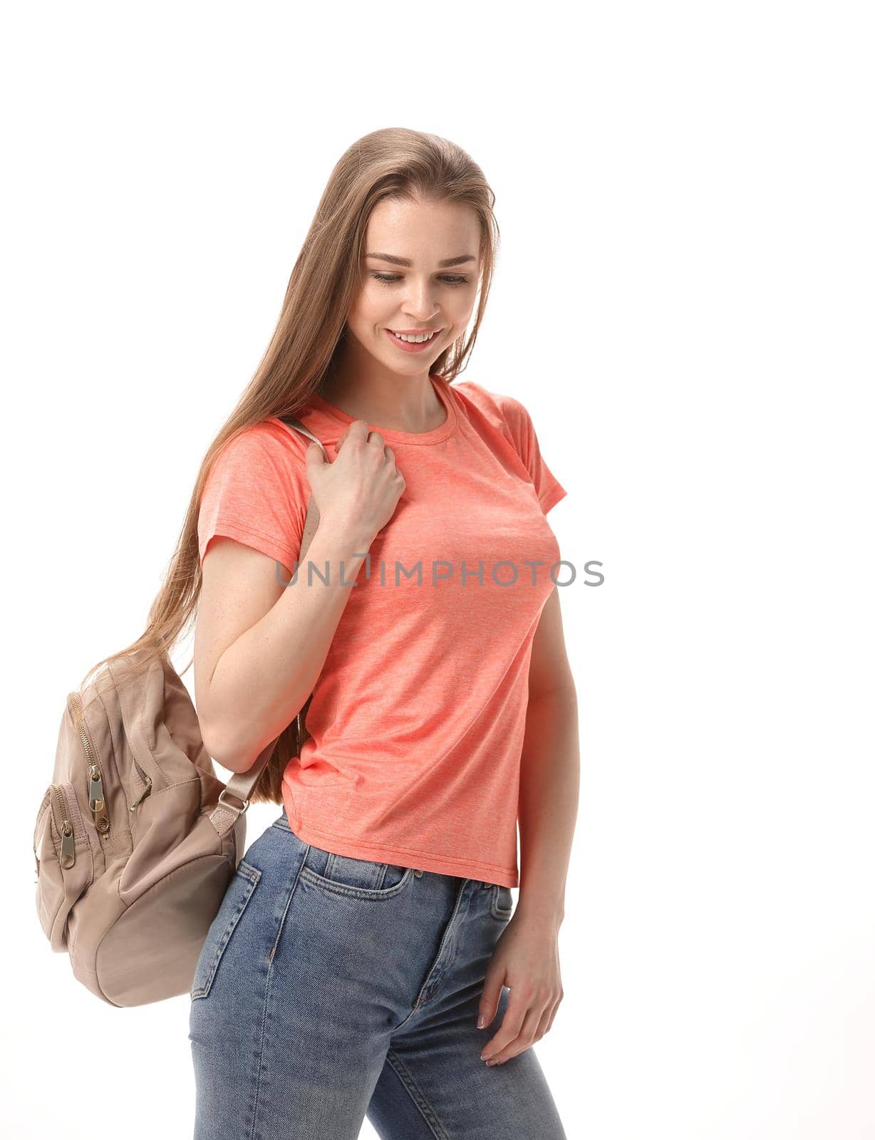 Young smiling student woman. Over white background by SmartPhotoLab