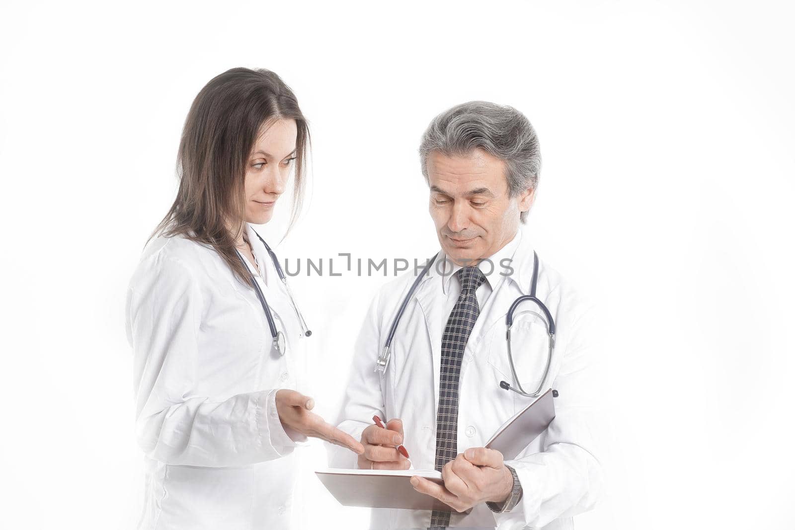 two physician discuss the diagnosis of the patient.isolated on white background.