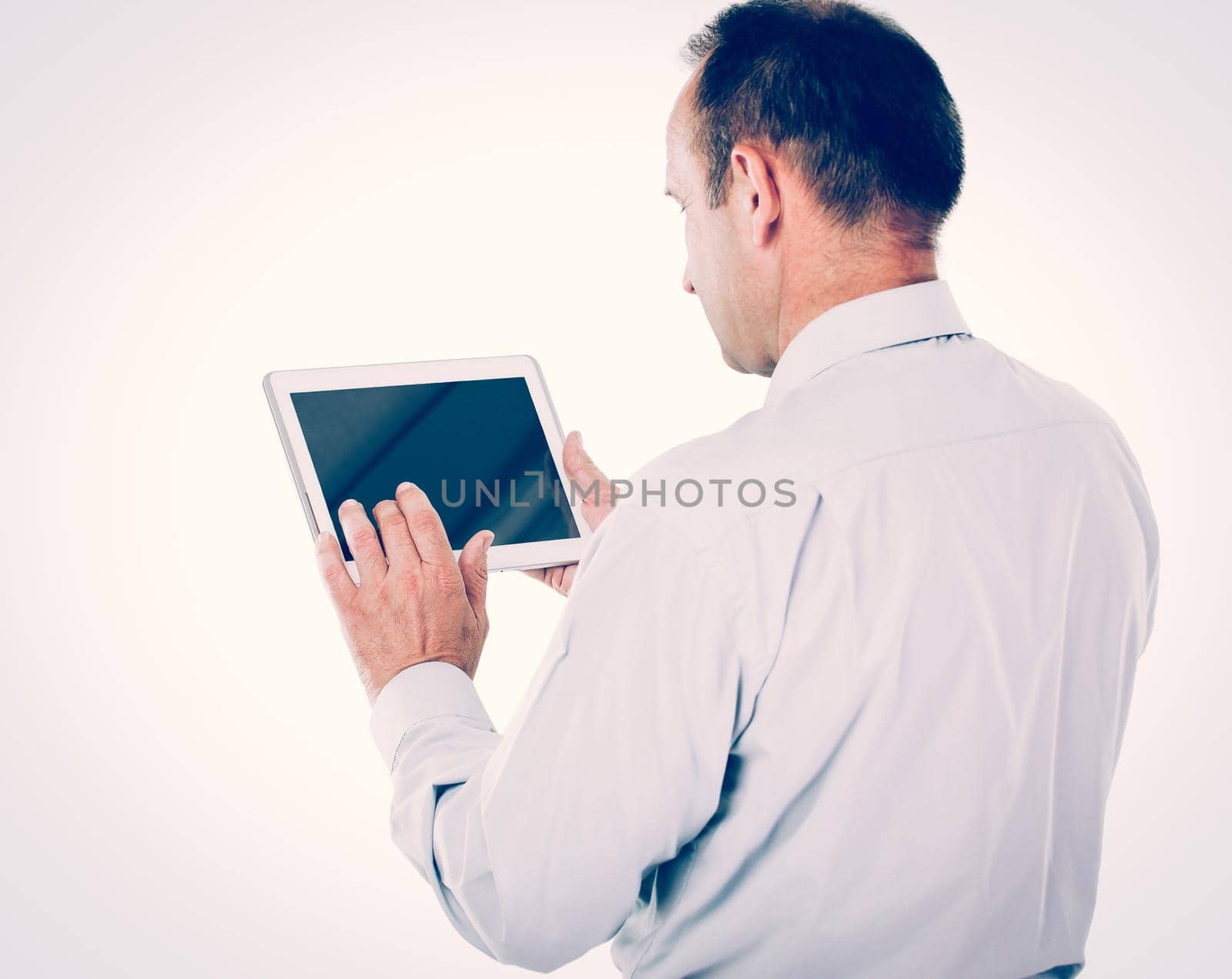 communication. businessman working with tablet in the white background