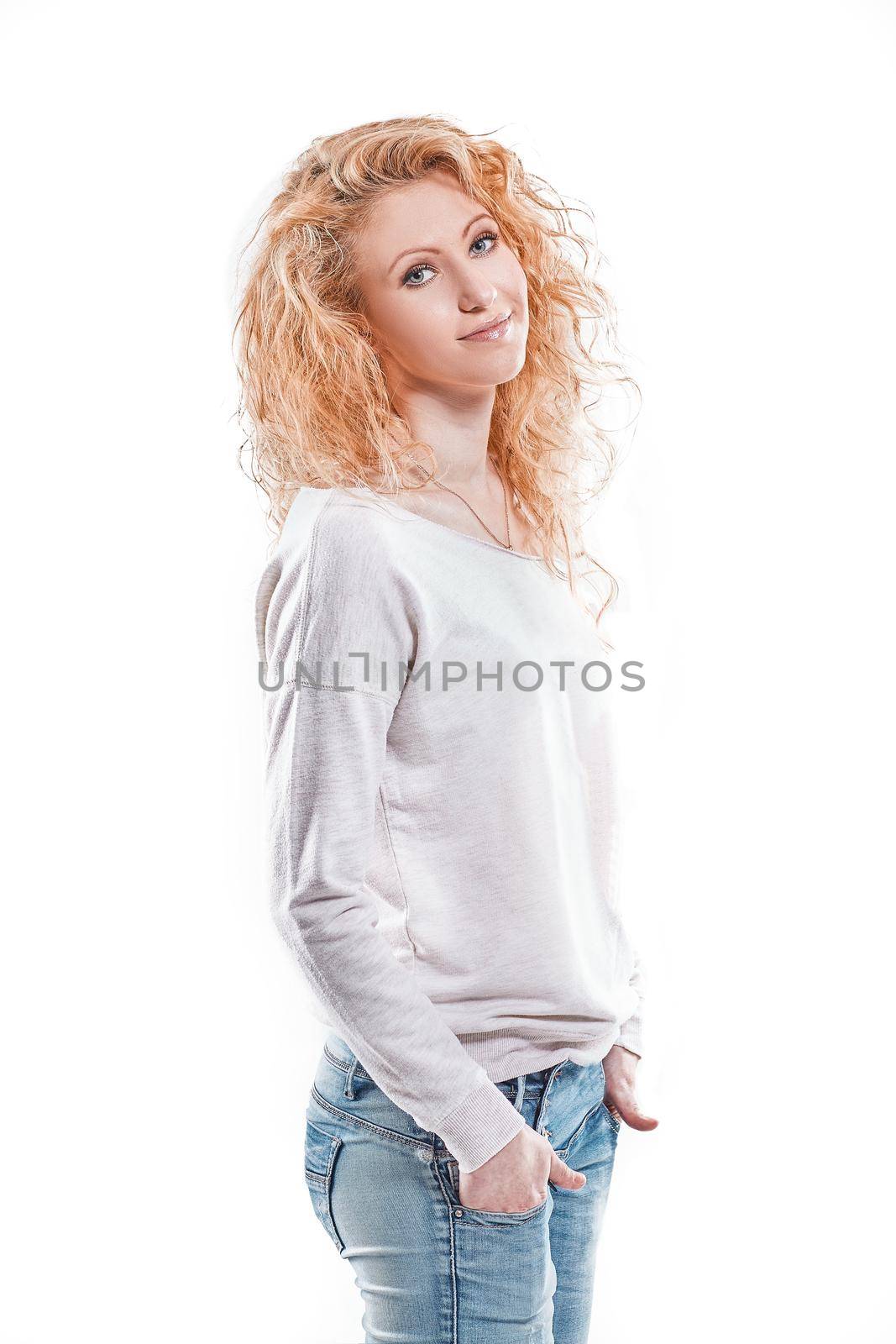 side view. cute girl student looking at the camera. isolated on light