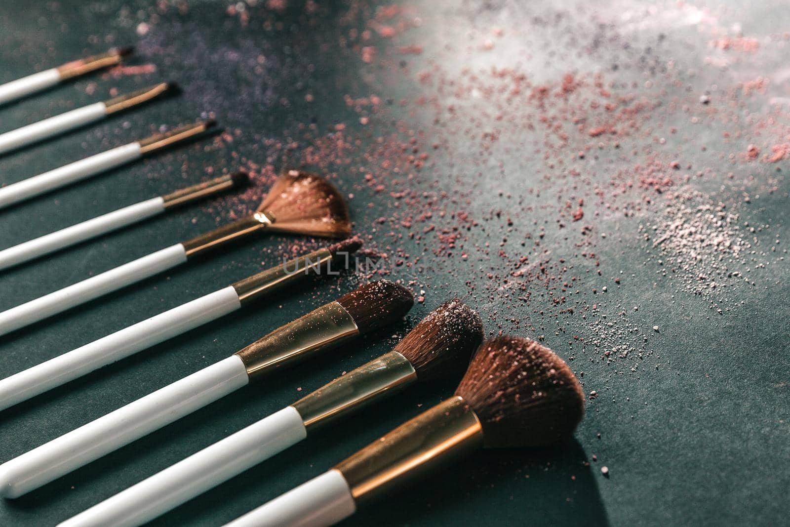 nine professional makeup brushes on a black background.photo with copy space