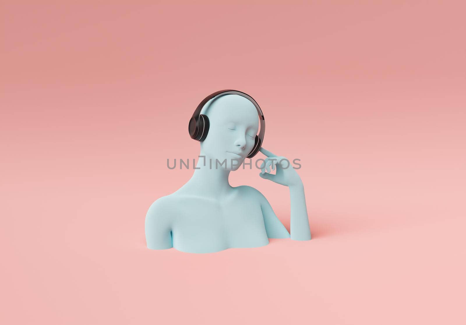 female bust enjoying music with her eyes closed and headphones on. minimal pastel color scene. 3d render