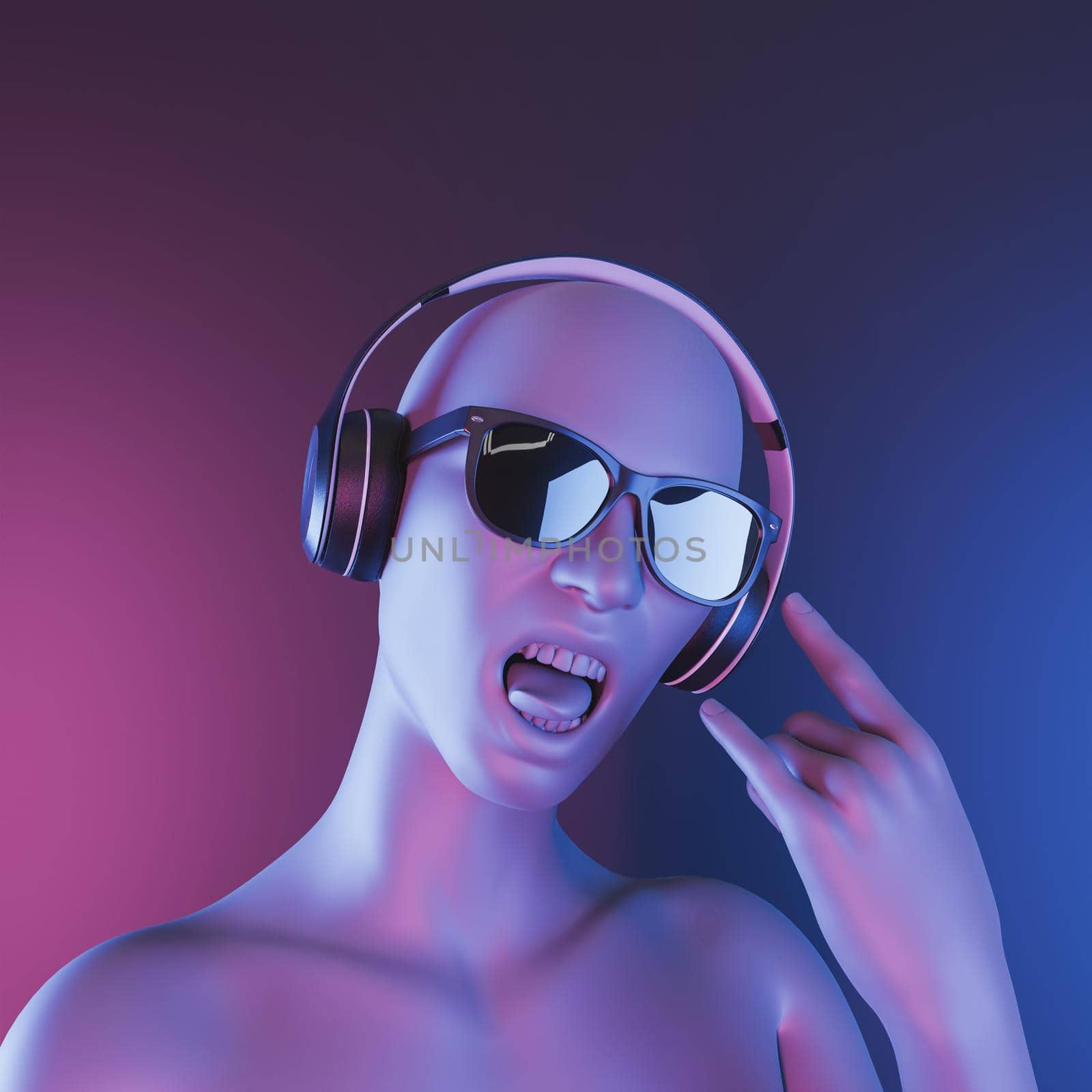 bust with rocker expression and headphones on metallic background with neon lighting. 3d render