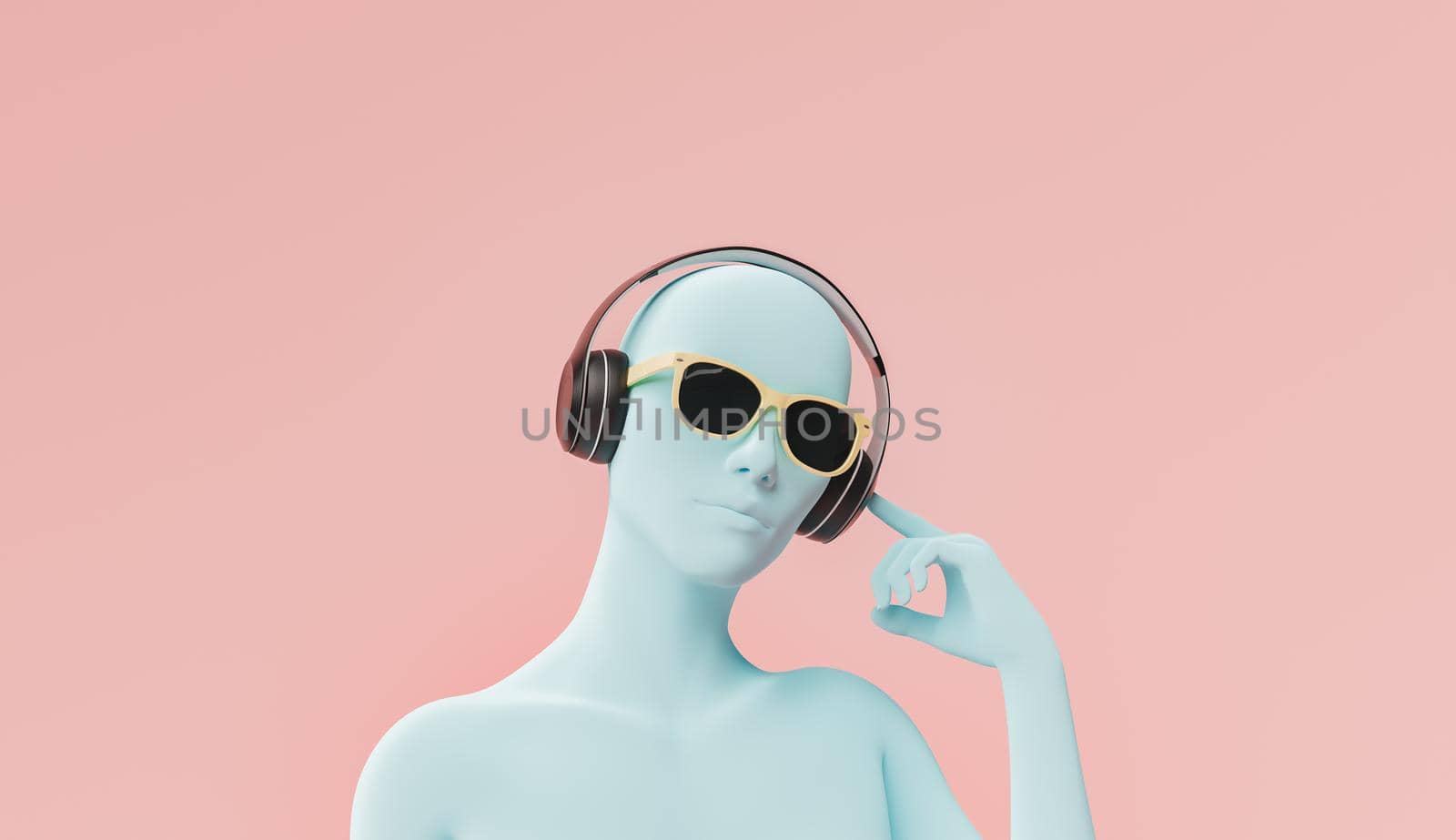 female bust with headphones and sunglasses on red pastel background. music and entertainment concept. 3d render