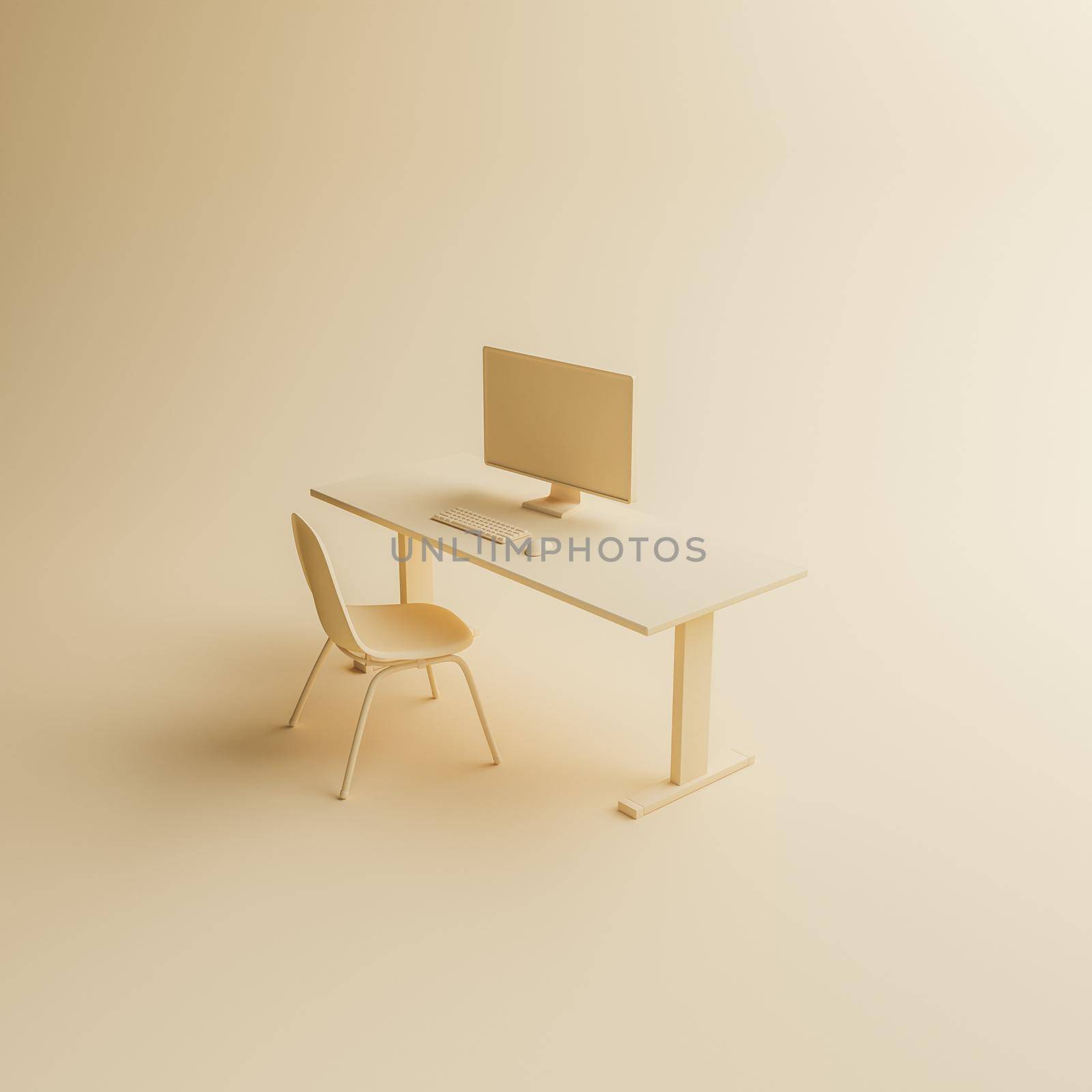 beige scene of a minimalist desk with monitor and keyboard on a soft background with side lighting. 3d render