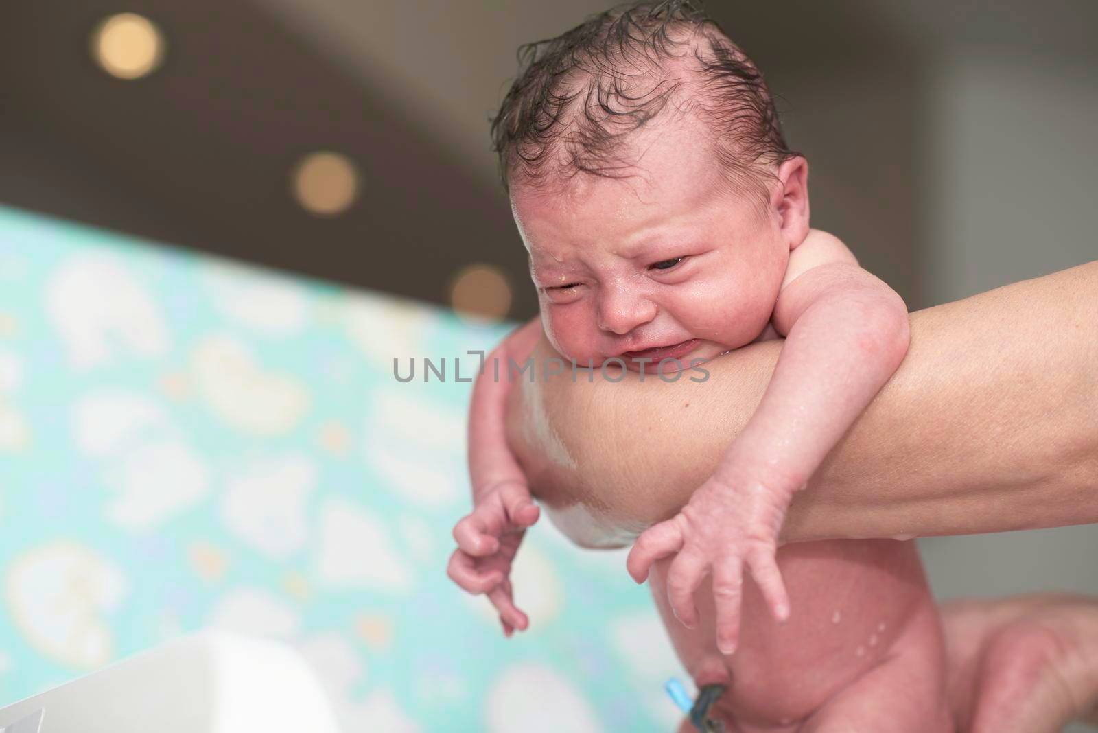 Newborn baby girl taking a first bath by dotshock