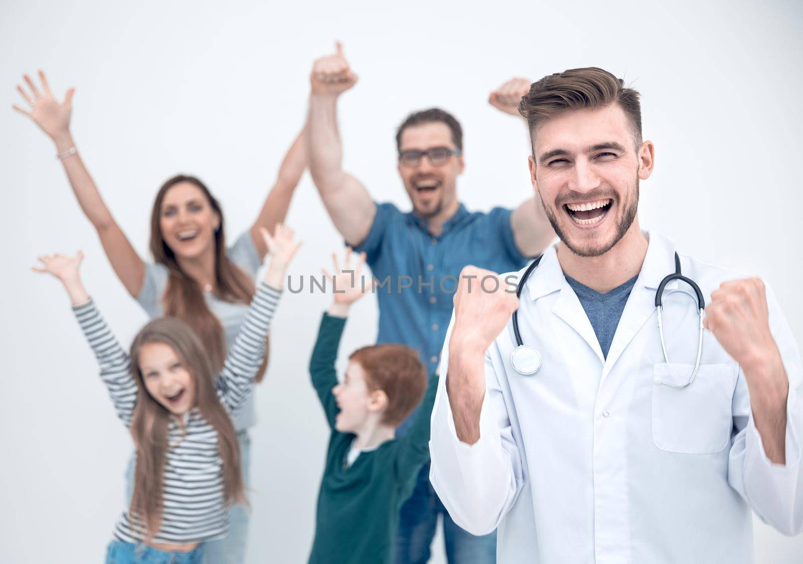 happy family with their family doctor. the concept of health