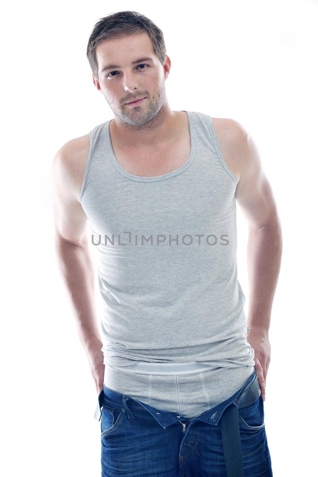 healthy fit young man people in underwear islated on white background in studio
