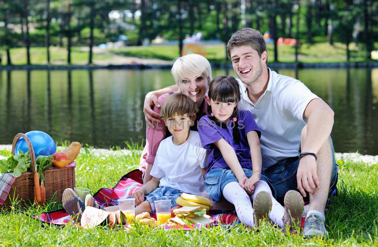 Happy young  family playing together with kids and eat healthy food  in a picnic outdoors